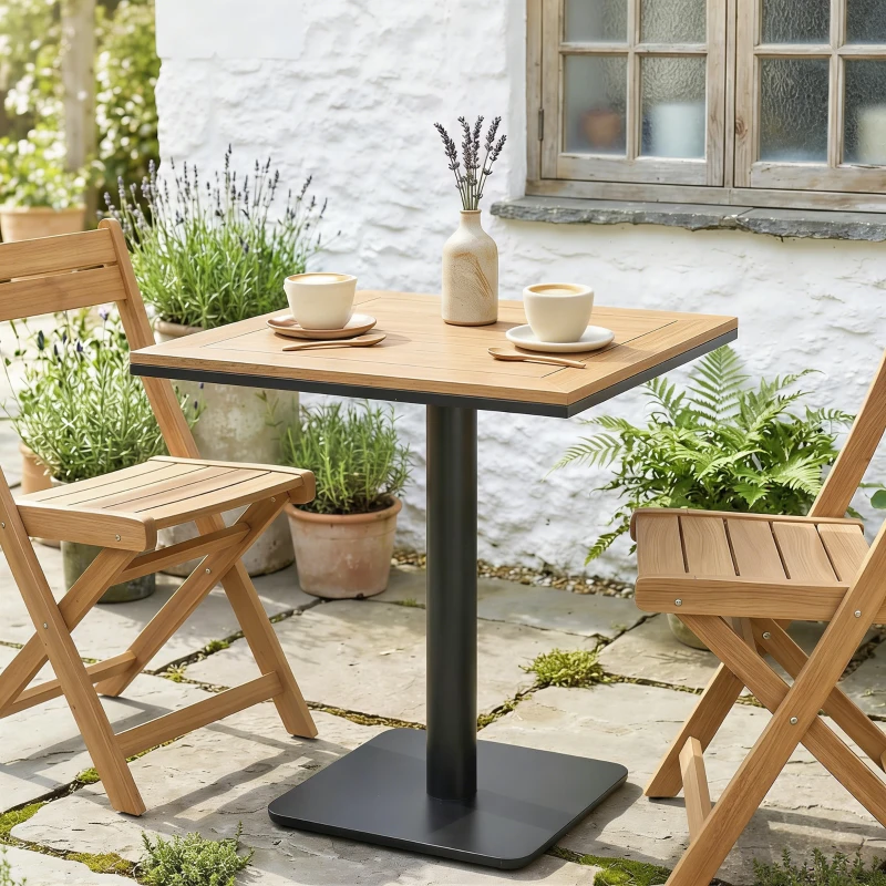 Outsunny Beistelltisch 70 x 70 cm wetterfest Gartentisch mit Holzoptik Breite Basis, Quadratisch Naturholz