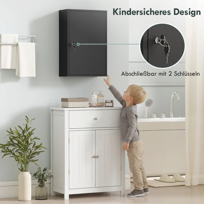 kleankin Wand-medicijnkast, Badkamerkast met 3 Planken, 2 Sleutels, 40 x 18 x 60 cm, Zwart