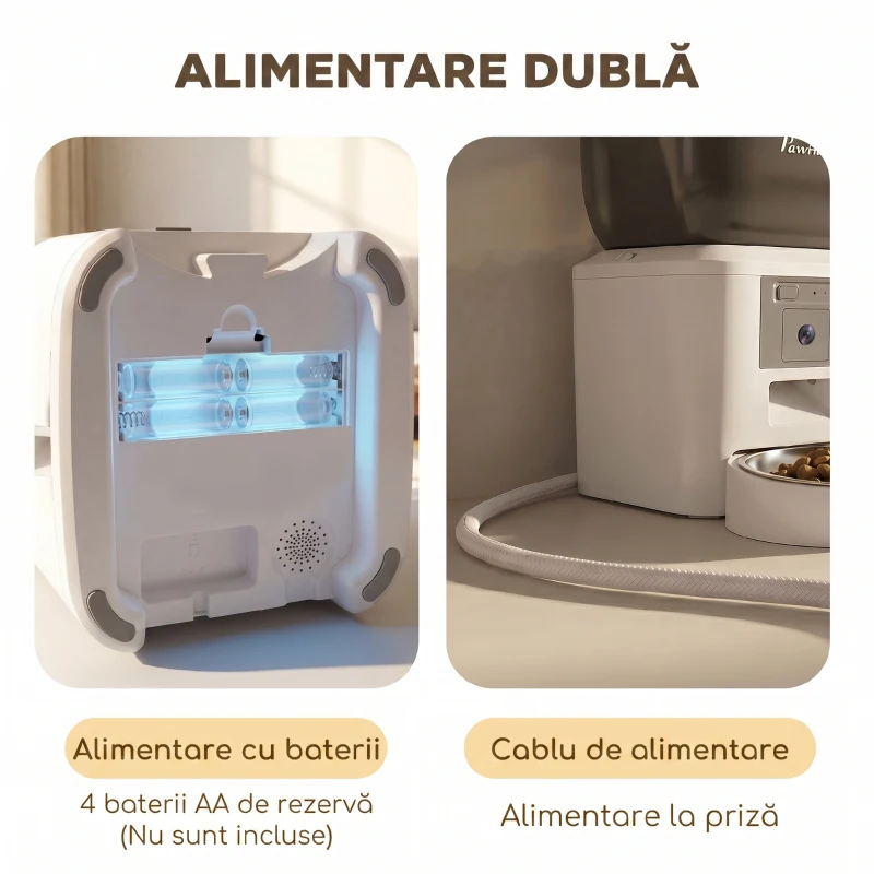 PawHut Distribuitor Automat de Hrană pentru Pisici și Câini 4L, WiFi 2,4G, Control din Aplicație cu Cameră, Bol, Alb