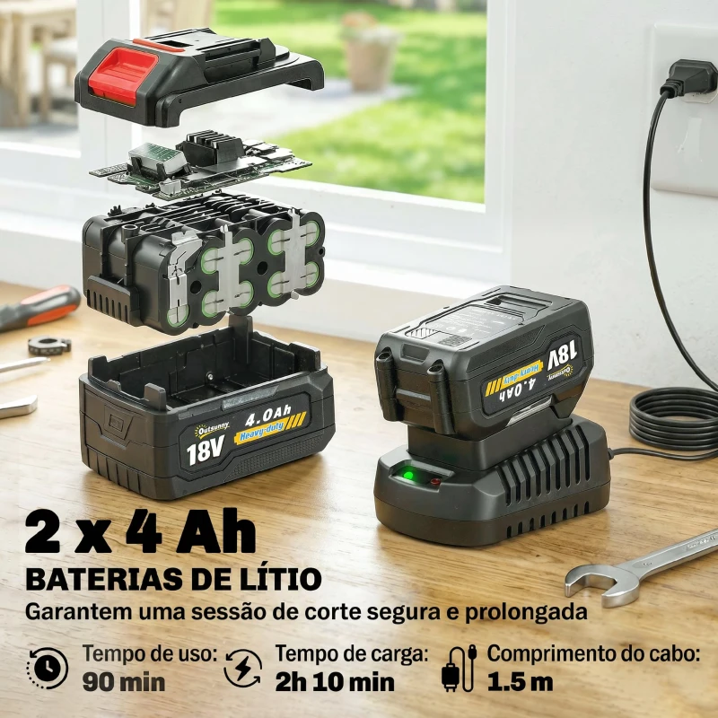 Outsunny Aparador Sem Fios 18V com 2 Baterias de 4.0Ah e Carregador Barra Ajustável Cabeça e Pega Reguláveis Prateado