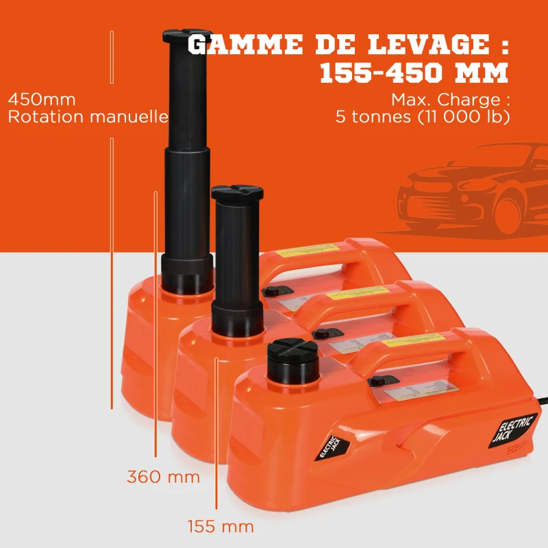 DURHAND Cric électrique hydraulique voiture levage 15,5-36 cm/42 cm - 12V charge 5 tonnes avec kit complet orange