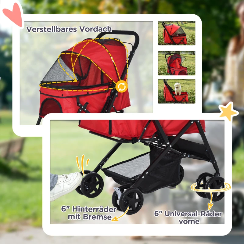 PawHut Hondenbuggy Hondenwagen voor kleine honden Katten Dierenwagen Oxford Rood