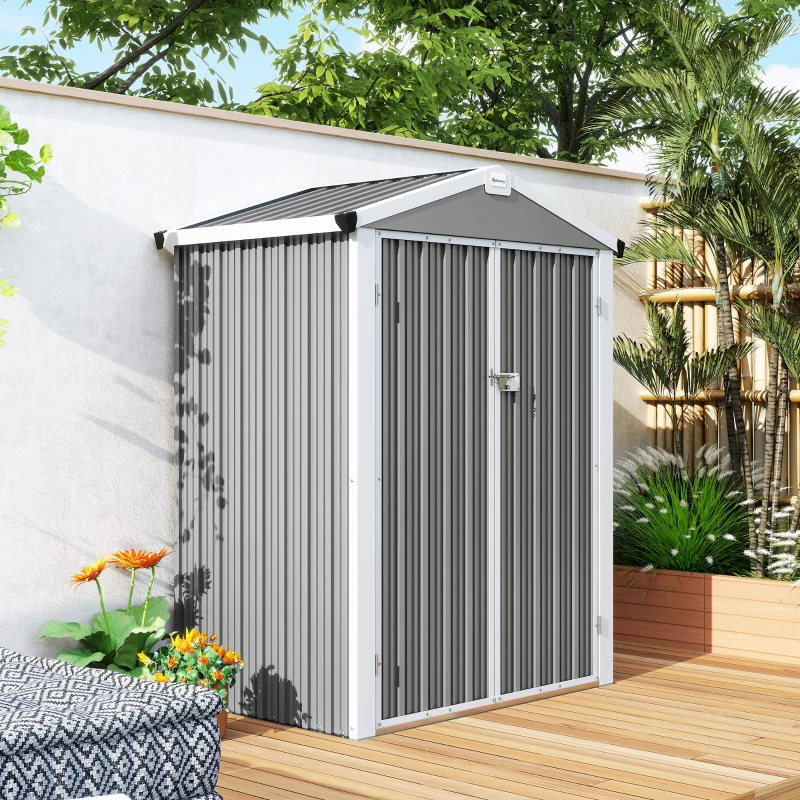 Outsunny Abrigo de Jardim Exterior 1,1 m² 133x87x178 cm com 2 Portas Duplas de Abrir Telhado de Duas Águas e Luvas Cinzento Prateado