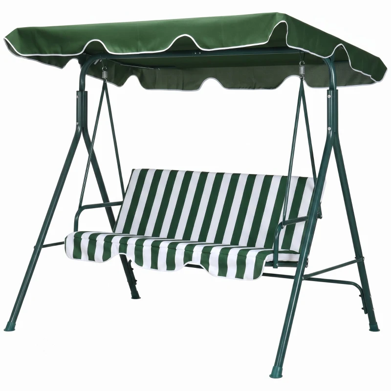 Outsunny Baloiço de Jardim de 3 Lugares com Almofada Toldo Ajustável e Estrutura de Metal 172x110x153cm Verde e Branco