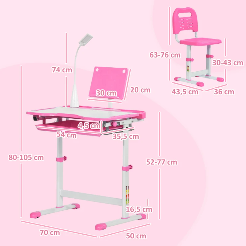 HOMCOM Juego de Escritorio y Silla para Niños de +6 Años Ajustable con Mesa Inclinable Lámpara Cajón y Estante para Libros Rosa