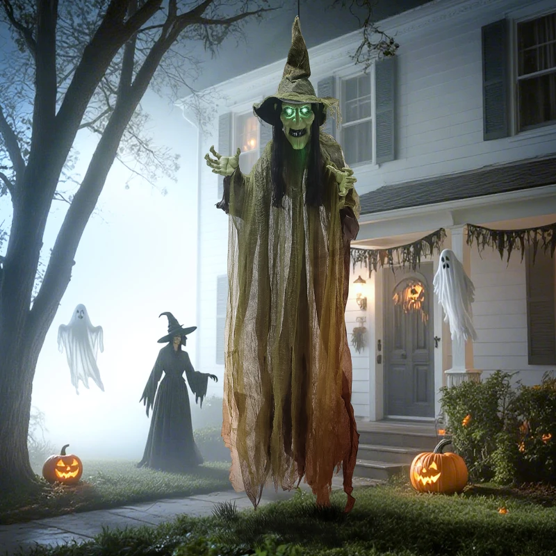 Outsunny 170 cm Life Size Hanging Halloween Animated Witch with Glowing LED Eyes, Spooky Witch Scary Halloween Decorations, Battery Operated, Indoor Party Props