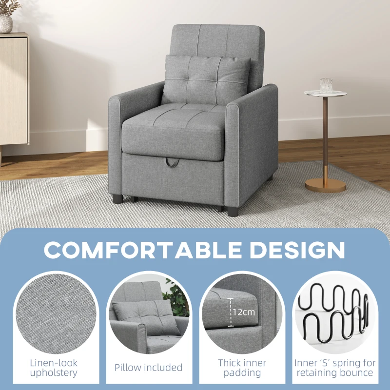 HOMCOM Linen-Look Single Chair Bed - Light Grey