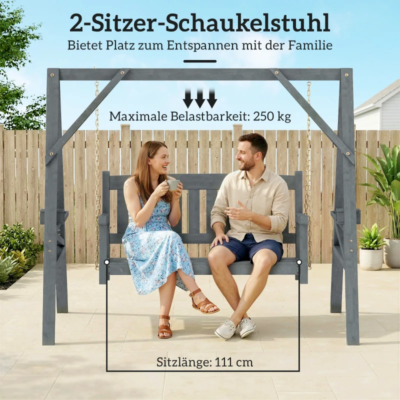 Outsunny 2-persoons tuinschommel, houten schommelbank met planken, bekerhouders en metalen kettingen, grijs