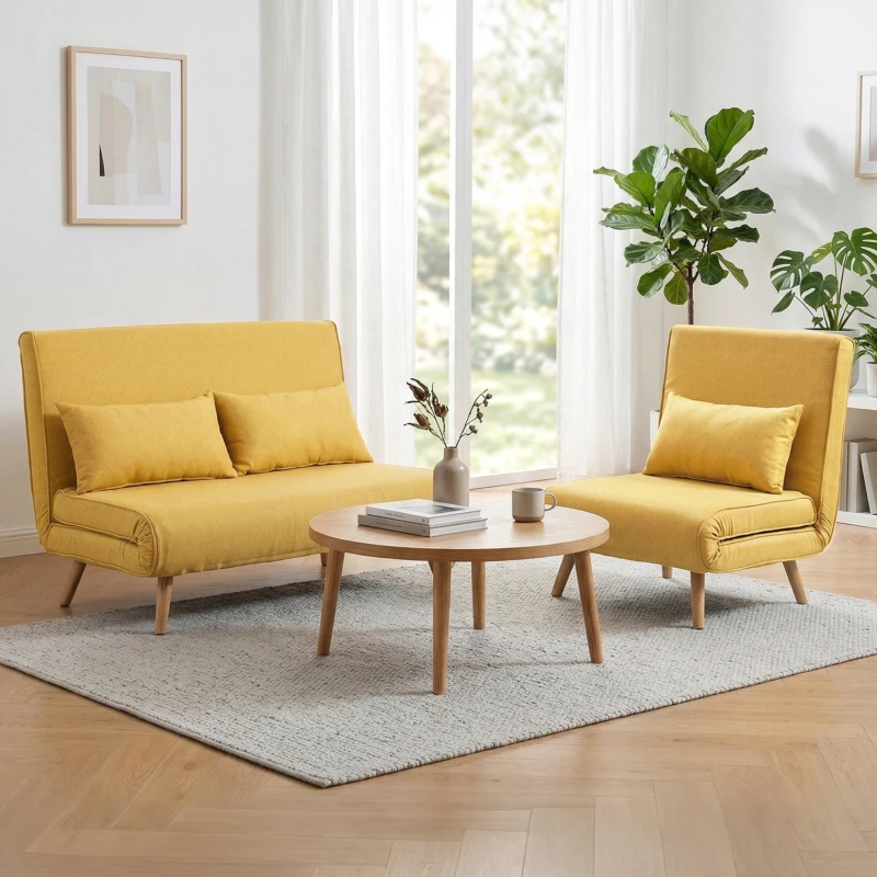 HOMCOM Sofá-Cama de 2 Lugares Dobrável Estofado em Linho com Encosto Ajustável em 5 Posições e 2 Almofadas Amarelo
