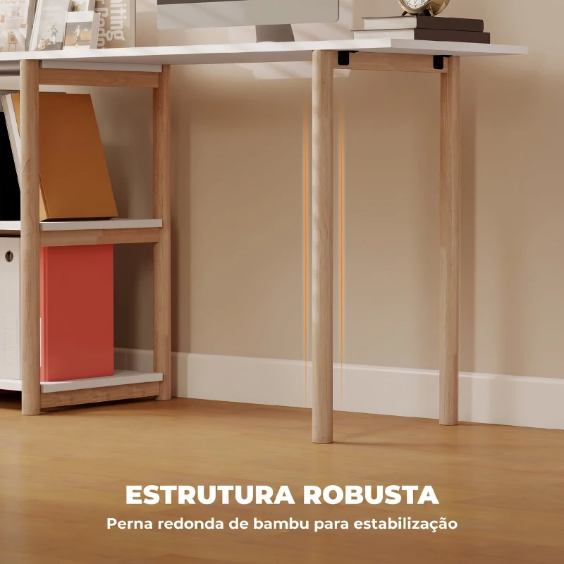 HOMCOM Secretária de Canto Dobrável em L 150 cm com Prateleiras e Estrutura em Bambu para Quarto e Estúdio, Branco