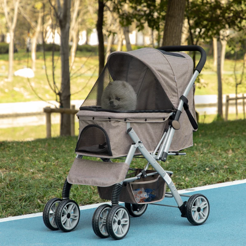 PawHut Poussette buggy pliable chien chat panier sac de rangement attaches sécurité housse réglable acier Oxford marron noir