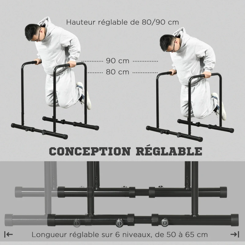 SPORTNOW Dips Barre Parallèle Station de Musculation en Acier, Hauteur et Espacement Réglables, 90-102x65x80-90cm, Noir