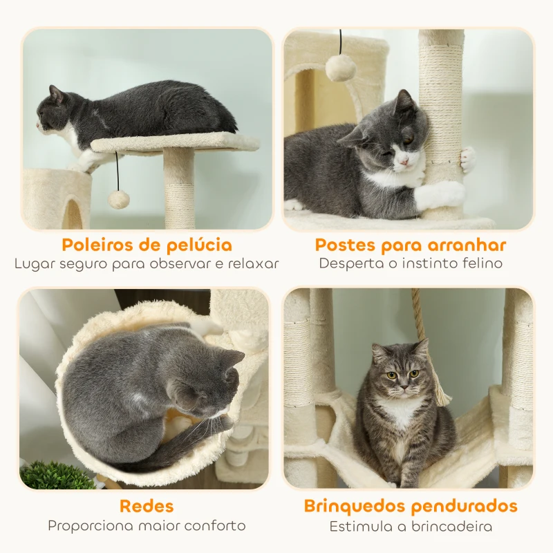 PawHut Arranhador para Gatos com Plataformas Plataformas Caverna Postes de Sisal Bolas e Corda para Brincar 60x48x202 cm Bege