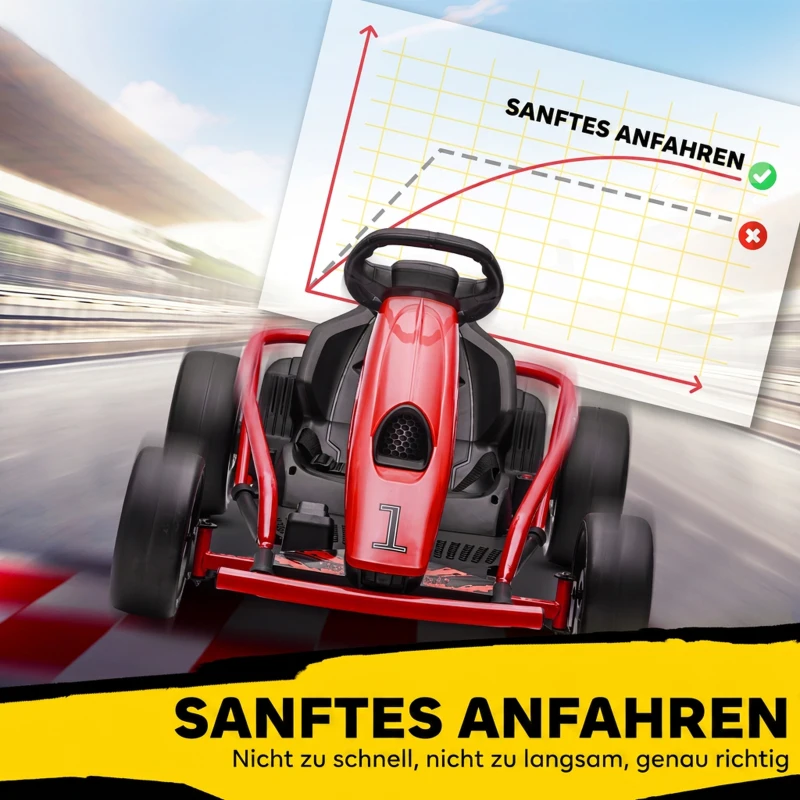 HOMCOM 24V elektrische go-kart voor kinderen, tot 13 km/u, met driftfunctie, 2 motoren, rood, 8-12 jaar