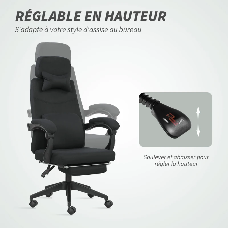Vinsetto Fauteuil de bureau chaise de bureau grand confort dossier réglable repose-pied roulettes 360° lin 62 x 68 x 127 cm noir