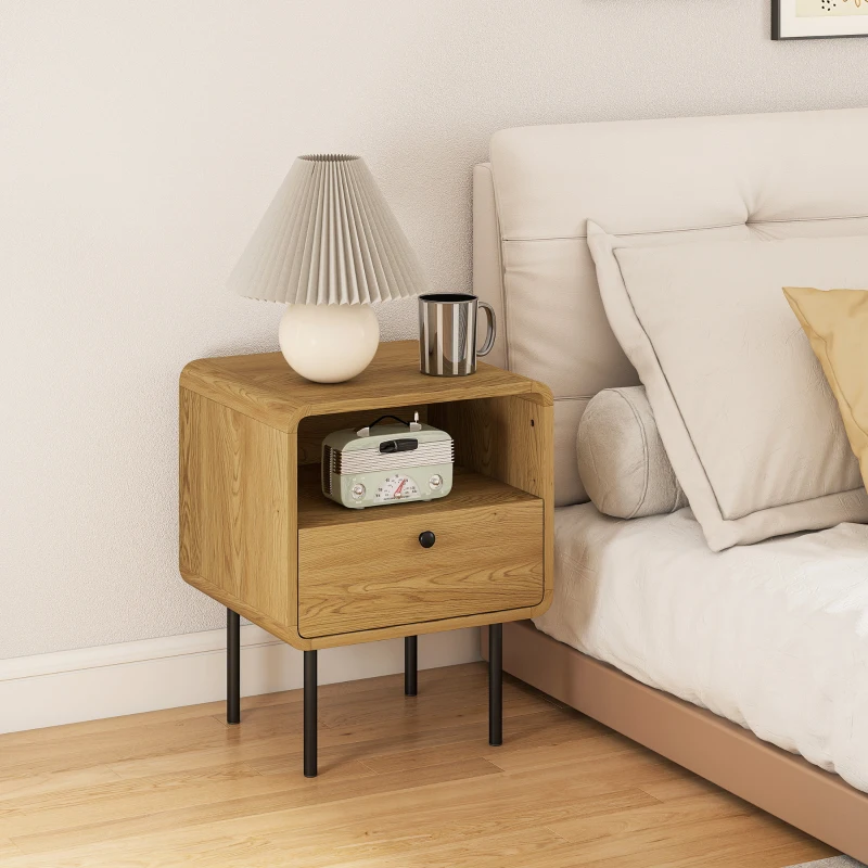 HOMCOM Bedside Table with Drawer and Open Shelf - Oak