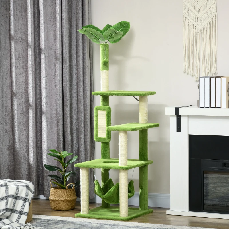 PawHut Albero Tiragraffi per Gatti con Amaca, Pallina e Tiragraffi in Sisal, 49x49x142cm, Verde