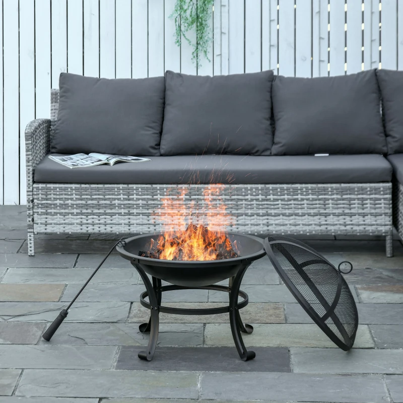 Outsunny Braseiro Exterior de Metal Ø56 cm Braseiro de Jardim com Tampa Protetora contra Chispas e Atiçador para Fogueiras Lenhas Terraço Jardim Acampamento Preto