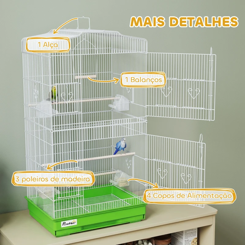 PawHut Gaiola para Pássaros Pajarera de Metal com 4 Comedouros 3 Poleiros Baloiço e Bandeja Removível Alça 46,5x35,5x92 cm Verde