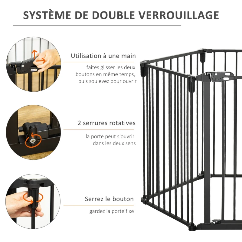 PawHut Barrière de sécurité barrière de protection cheminée parc enclos chien pliable modulable 6 panneaux avec porte sans perçage 362,5 x 76 cm noir