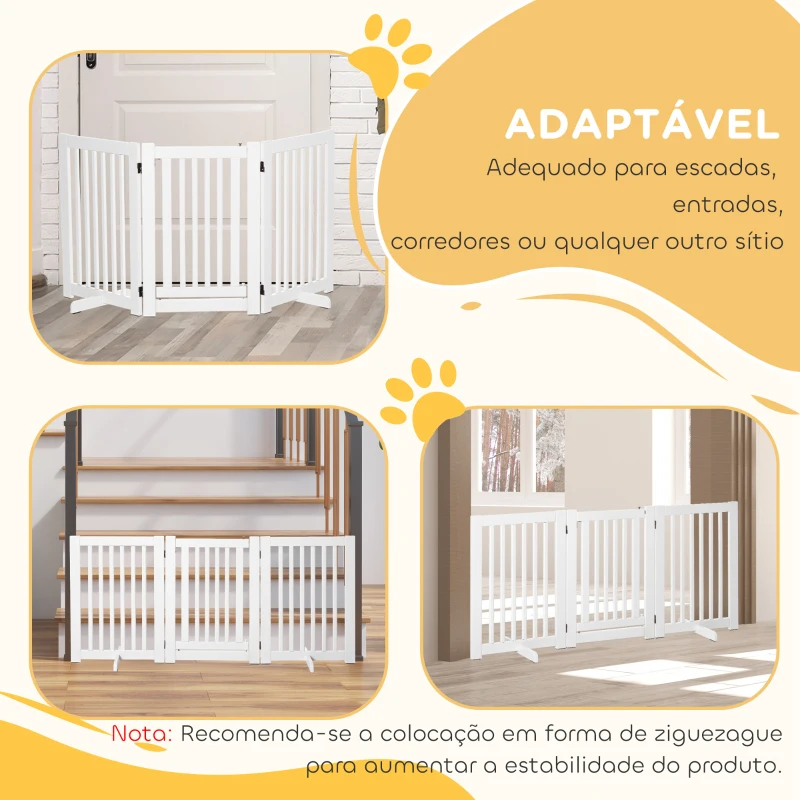 PawHut Barreira para Cães de Madeira Barreira para Animais de Estimação Dobrável de 3 Painéis com 1 Porta e Pés de Apoio 155x35,5x76 cm Branco