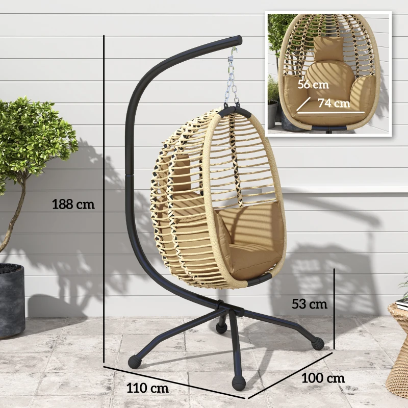 Outsunny Hangstoel met frame, inklapbare eivormige schommel met wasbare zitting, bekerhouder, veiligheidskoord, beige