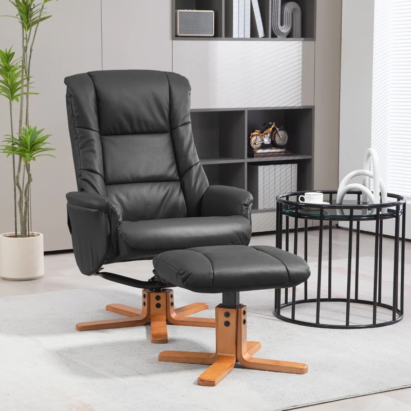 HOMCOM Rocking Recliner Chair with Footstool, PU Leather Recliner Armchair with Wood Base, Upholstered Reclining Chair for Living Room Bedroom, Black