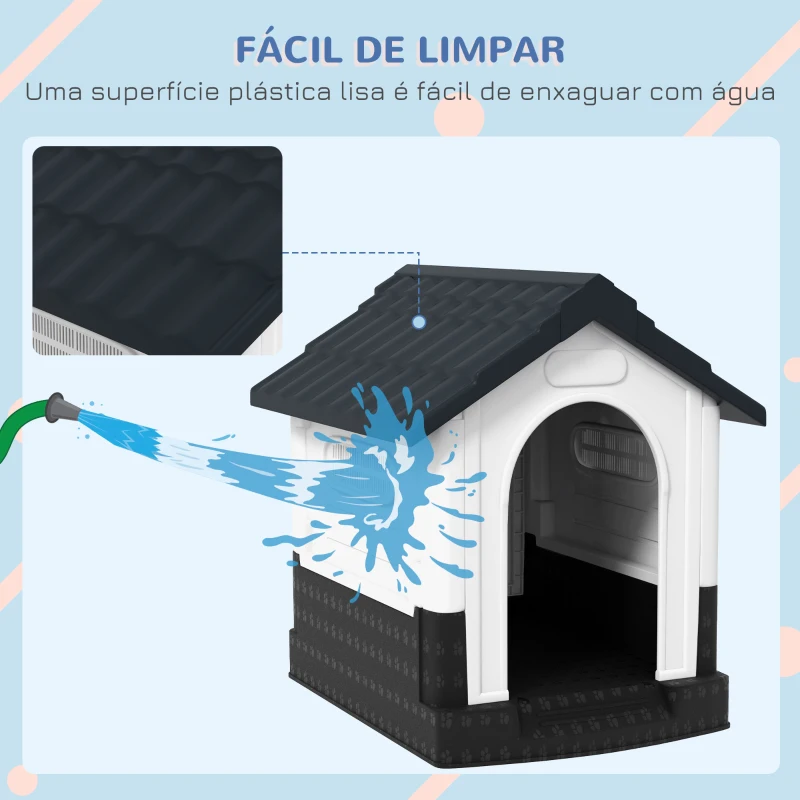 PawHut Casa para Cães Mini de Exterior em Plástico com 3 Janelas Base Elevada Telhado Inclinado 64,5x57x66 cm Cinzento Escuro