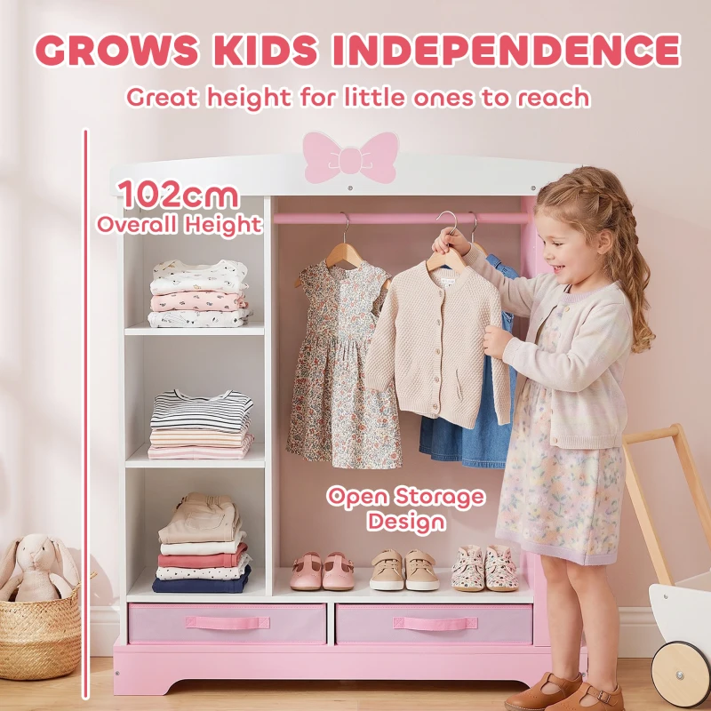 AIYAPLAY Kids Wardrobe with Lighted Mirror, Clothes Rail, Jewelry Cabinet, Shelves, Storage Boxes for Bedroom, Nursery, Pink