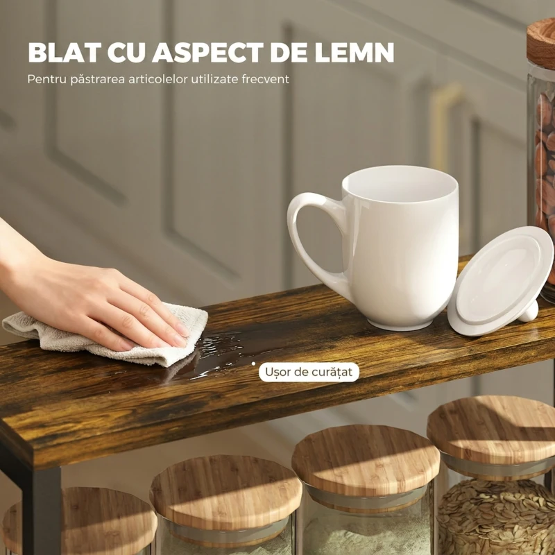 HOMCOM Cărucior de bucătărie cu 4 roți, cărucior de depozitare cu roți, blat cu aspect de lemn, structură metalică, 47x13x96,5 cm, negru