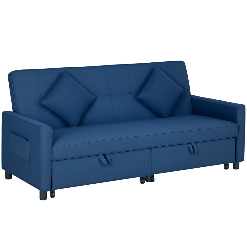 HOMCOM Three-Person Velvet-Feel Sofa Bed - Blue