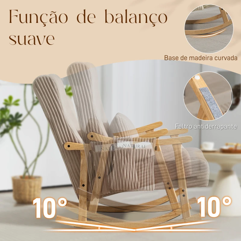 HOMCOM Poltrona Baloiço Moderna em Veludo Cotelê com Apoio para os Braços Almofada Lombar e Bolso Poltrona de Amamentação 65x90x98 cm Castanho Claro