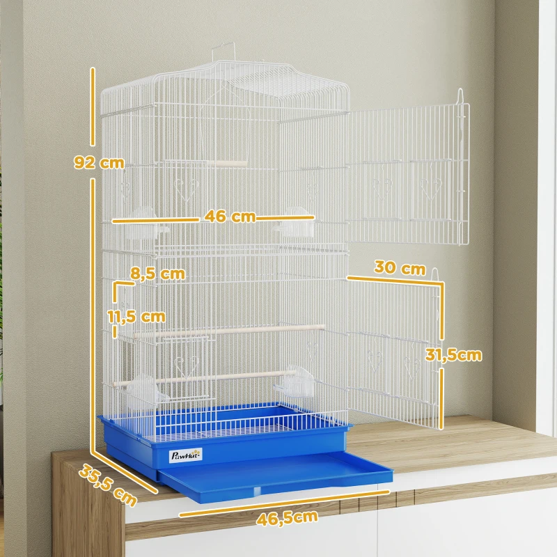 PawHut Gaiola para Pássaros Gaiola Metálica com 4 Tigelas de Comida 3 Poleiros Baloiço e Bandeja Removível Pega 46,5x35,5x92 cm Azul
