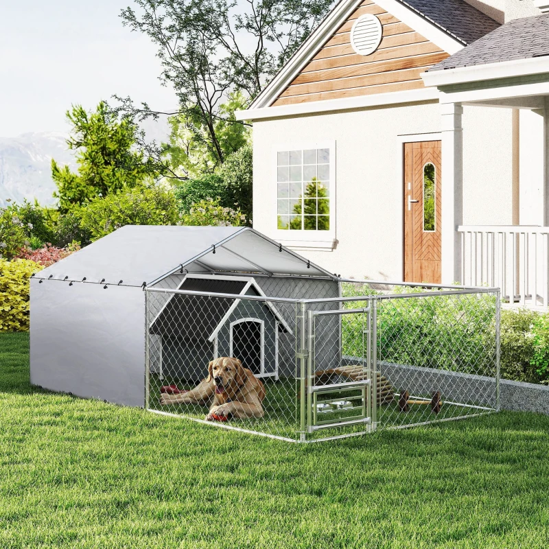 PawHut Recinto per Cani con Coperture e Ciotole Girevoli, in Acciaio e tessuto Oxford, 4x2.3x1.5 m, Argento