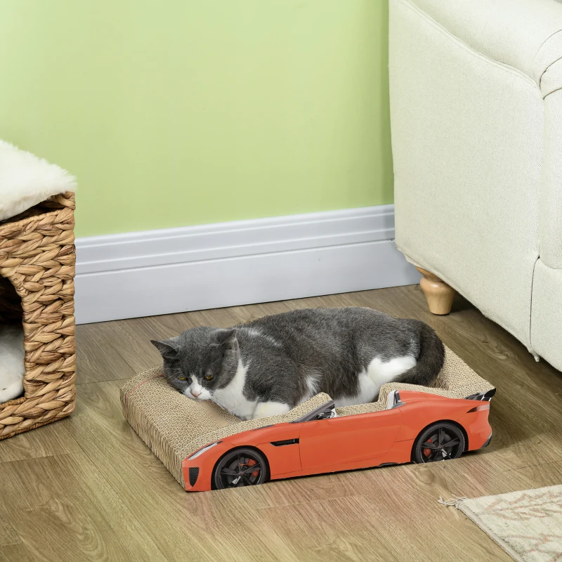 PawHut Cuccia per Gatti Tiragraffi a forma di Auto con Trattamento ad Erba Gatta, in Cartone Ondulato, 50x30x12.5 cm, Rosso