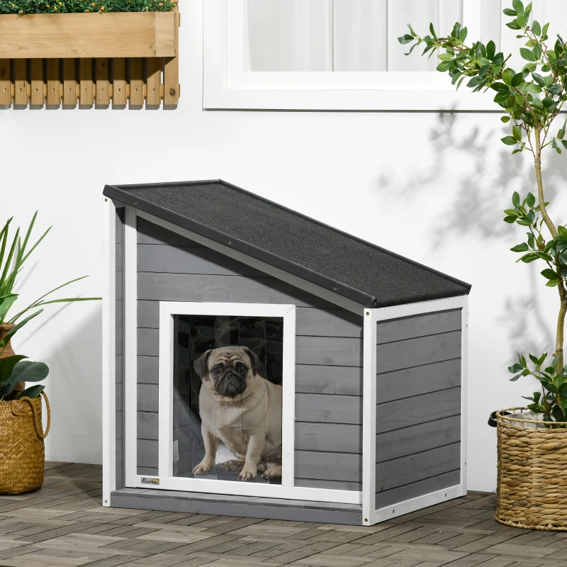 PawHut Hundehütte aus Massivholz, wetterbeständig, Asphaltdach, 71 cm x 58 cm x 77 cm, Grau + Weiß