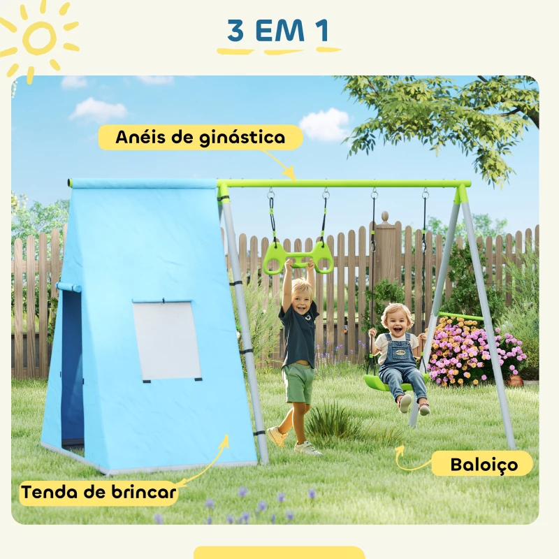 AIYAPLAY Baloiço para Crianças 3 em 1 Baloiço para Jardim Exterior com Baloiço Anéis de Ginástica e Tenda 283x180x182 cm Verde