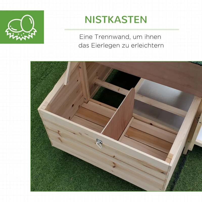 PawHut Hühnerstall für Zwerghühner 196 x 76 x 97 cm witterungsbeständig Hühnerhaus mit Nistkasten, Freilaufgehege Sitzstange, Kleintierstall aus Holz für 1-2 Hühner, Natur