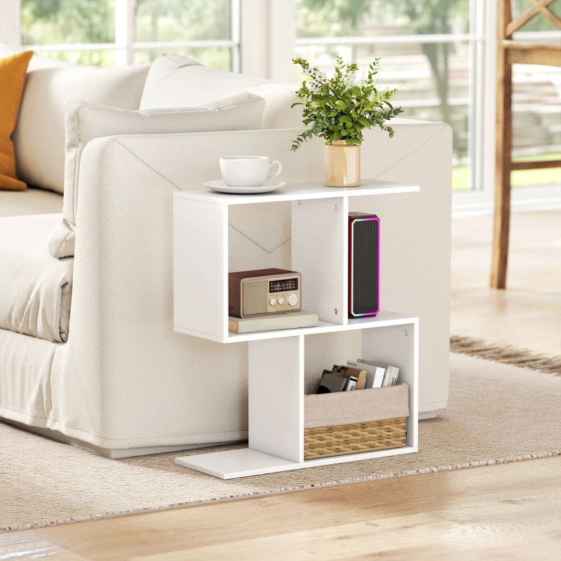 HOMCOM Side Table, Narrow End Table with Storage Shelves, S-Shaped, 3-Tier, 50W x 19.5D x 58H cm, White