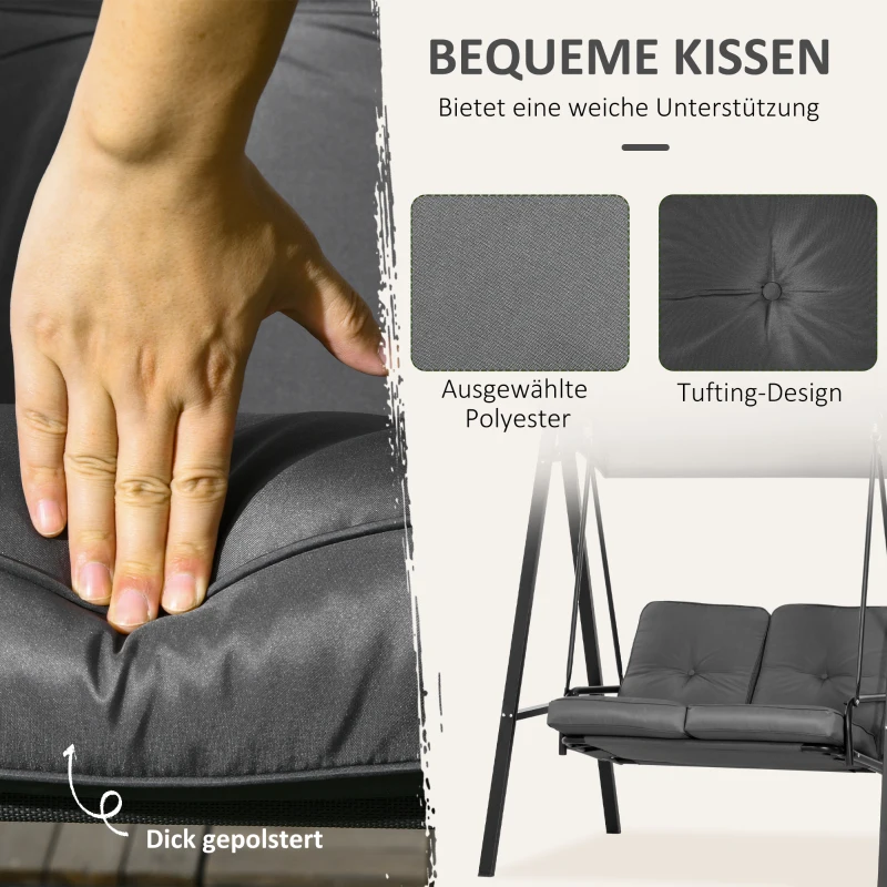 Outsunny Hollywoodschommel, 2-zits Tuinschommel met Verstelbaar Dak, tot 220kg Belastbaar, 145 x 116 x 172 cm, Donkergrijs