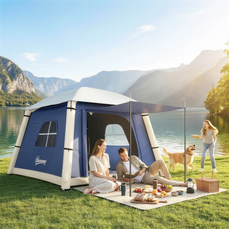 Outsunny Inflatable Camping Tent with Hand Pump, Easy Setup 1/2 Person Blackout Blow Up Tent, Dark Blue