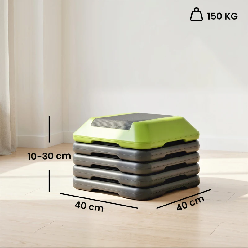 SPORTNOW Step Fitness Antiderrapante com Altura Ajustável de 10/15/20/25/30 cm Carga Máxima de 150 kg Verde