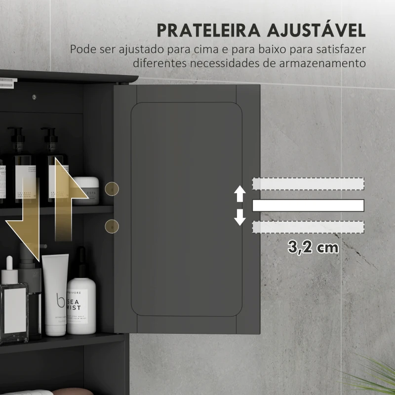 kleankin Armário de Casa de Banho com Espelho Armário de Parede com 2 Portas Prateleira Aberta e Ajustável 56x13x58cm Preto