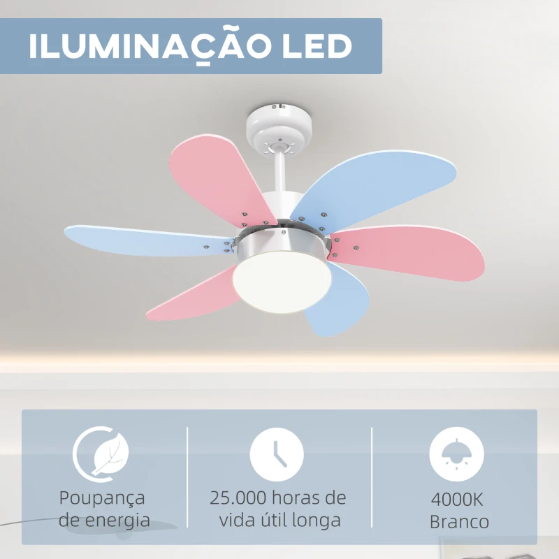 HOMCOM Ventoinha de Teto com Luz 34W Ø82,5 cm com 6 Lâminas Reversíveis Controlo Remoto 6 Velocidades e Temporizador Multicolor