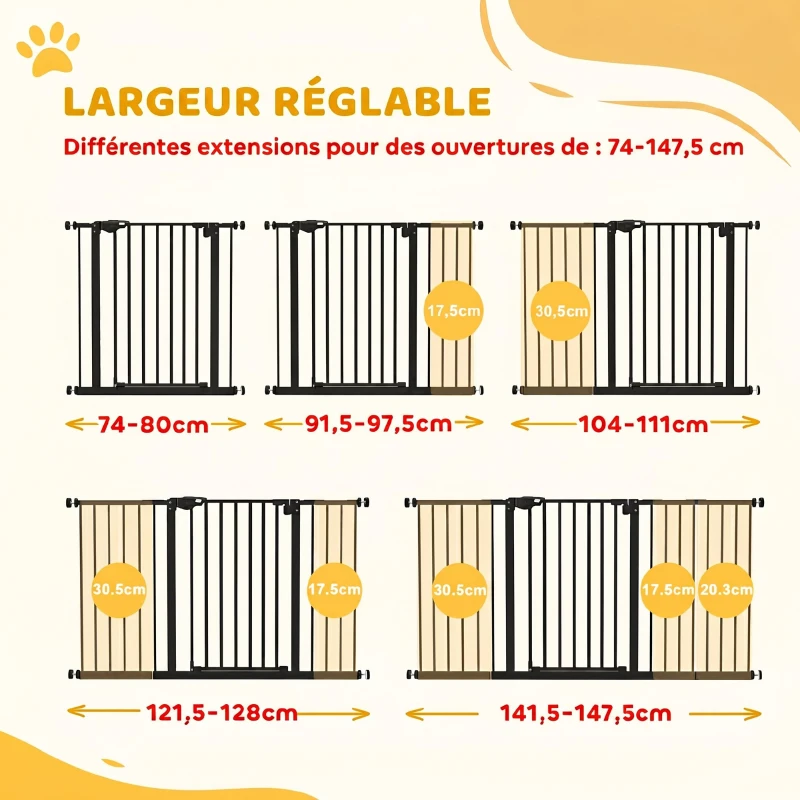 PawHut Barrière de sécurité animaux porte fermeture automatique système de double verrouillage sans perçage 3 extensions noir(m-4)