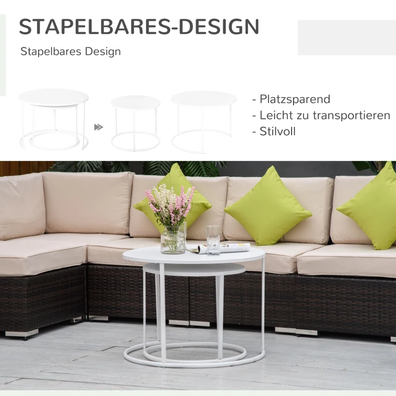 Outsunny Beistelltisch, 2er Set, Garten Couchtisch, Gartentisch, Kaffeetisch mit erhöhten Kanten, Wohnzimmer, Metall Weiß, Ø70 x 50 cm