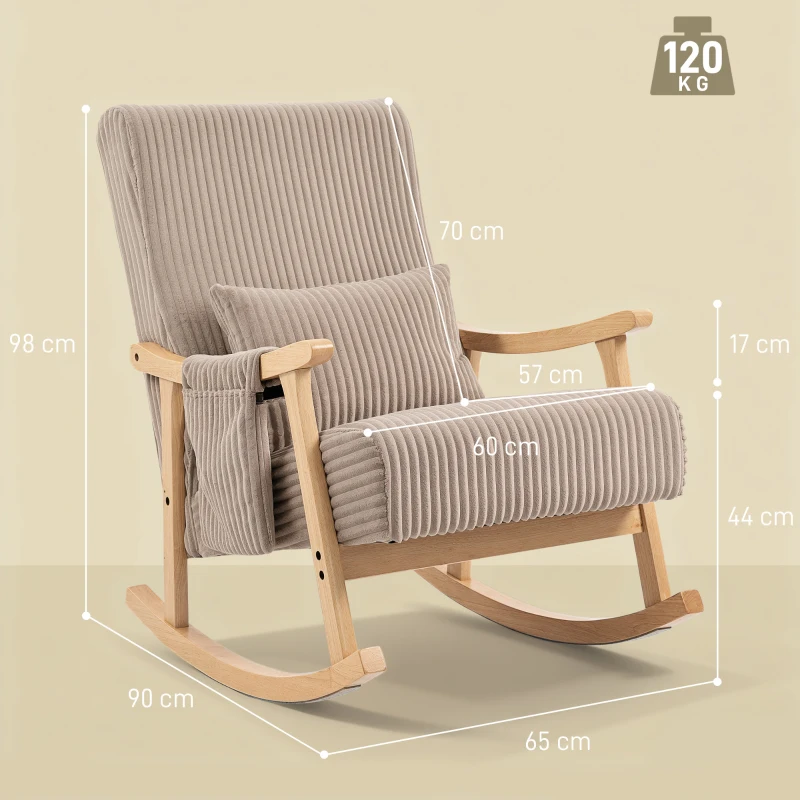 HOMCOM Poltrona Baloiço Moderna em Veludo Cotelê com Apoio para os Braços Almofada Lombar e Bolso Poltrona de Amamentação 65x90x98 cm Castanho Claro