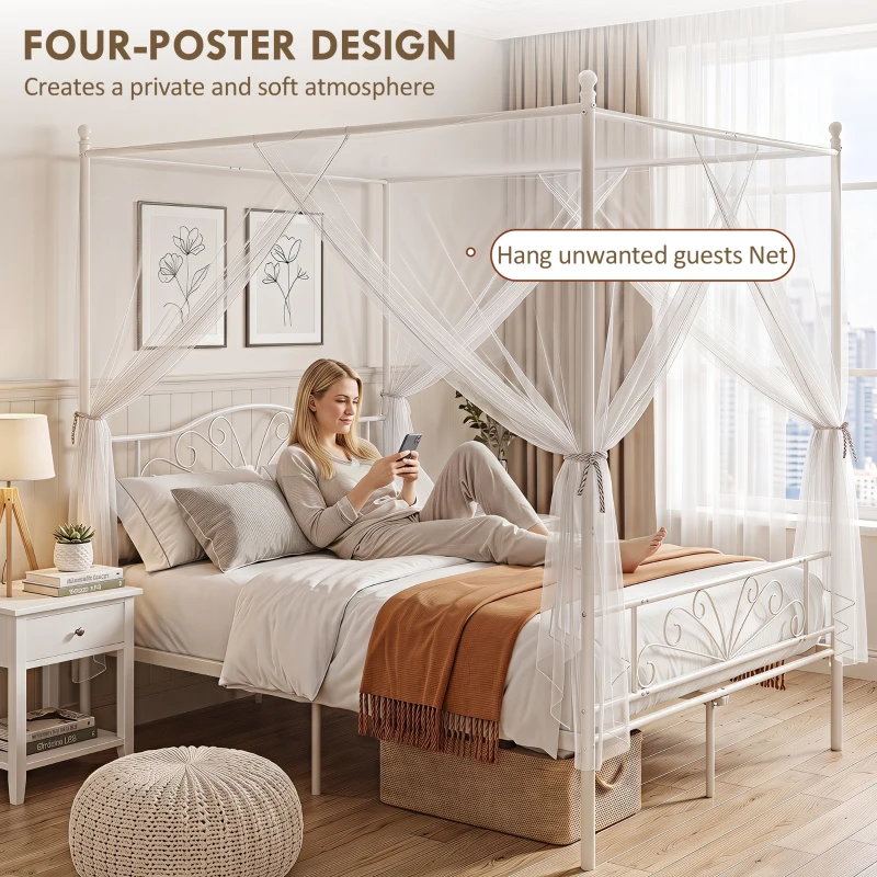 HOMCOM Canopy Bed Frame Double Size, Metal Platform Bed Frame with Headboard and Footboard, Underbed Storage, White