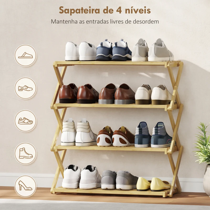 HOMCOM Sapateira Estreita de Bambu Dobrável de 4 Níveis para Entrada Corredor Quarto 60x29x67 cm Madeira