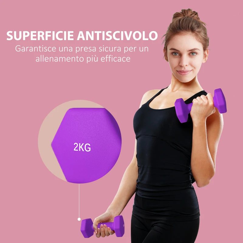 SPORTNOW Set 2 Manubri 2x2 kg Esagonali e Antiscivolo per Casa e Palestra, in Metallo e Plastica, 16x7.5x7.5 cm, Viola